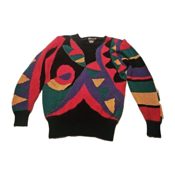 CHRISTINE Wool Vintage Colorful Abstract Colorblock Rhinestone Knit Sweater L - Picture 2 of 11